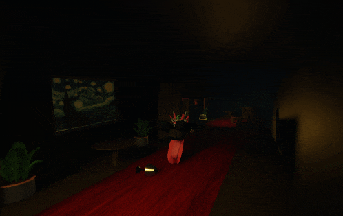 a red carpeted hallway with a painting on the wall