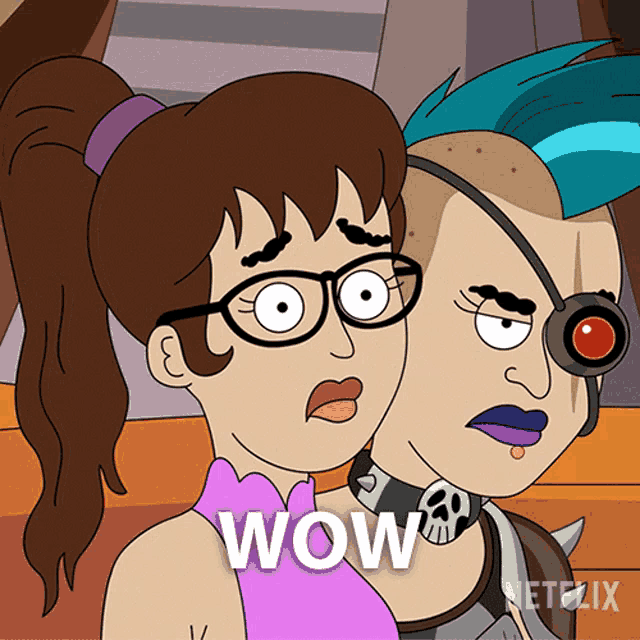 a cartoon of a girl with glasses and a man with a mohawk says wow on the bottom