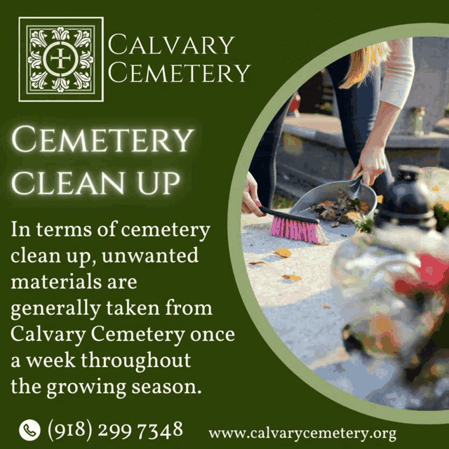 an advertisement for calvary cemetery shows a woman sweeping leaves