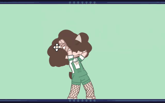 a cartoon character with overalls and fishnet stockings on a green background