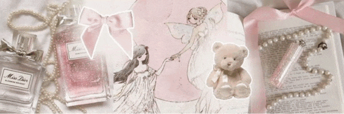 a bottle of miss dior perfume next to a teddy bear and pearls