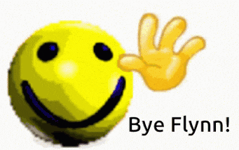 a yellow smiley face with the words bye flynn written below it