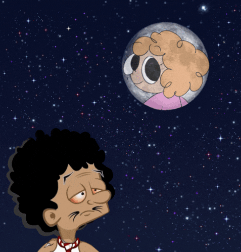 a cartoon character is looking up at the full moon