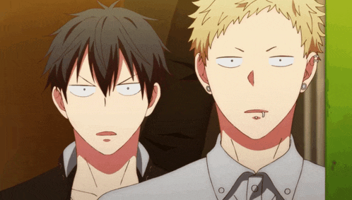 two anime characters one with a piercing in his lip making funny faces