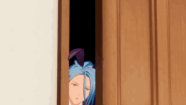a person with blue hair is peeking out of a door