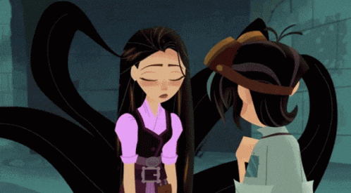a girl with long black hair is standing next to a boy