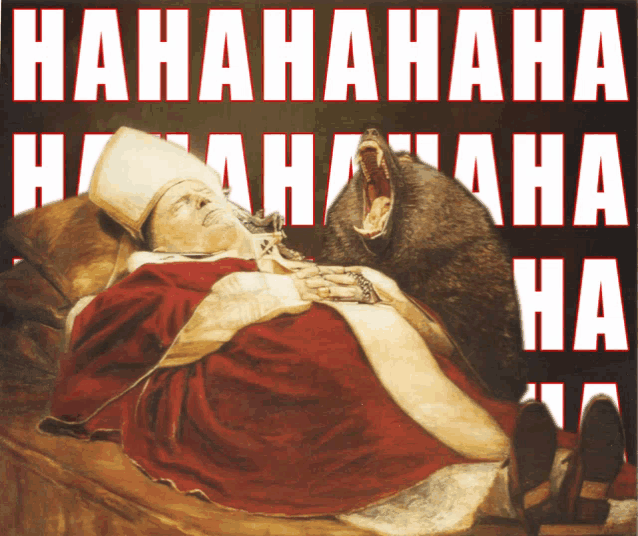 a painting of a man laying on a bed with a wolf behind him with the words hahahaha written in red