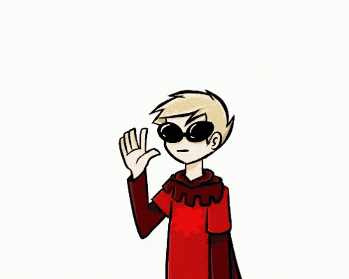 a cartoon drawing of a boy in a red dress standing next to another boy in a blue shirt