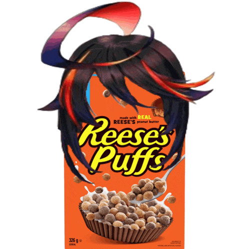 a box of reese 's puffs cereal with a wig on top of it