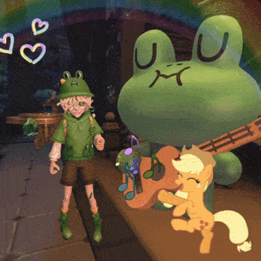 a frog with the letter u on its face is standing next to a pony playing a guitar