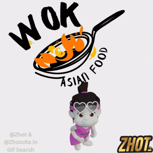 a cartoon girl stands in front of a wok that says asian food