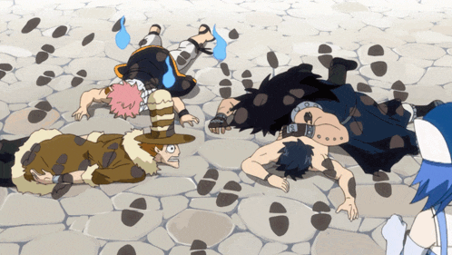 a group of anime characters are laying on the ground and one of them is wearing a cowboy hat