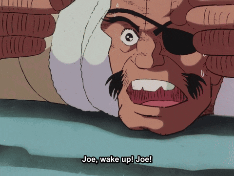 a cartoon of a man with a bandage on his head and the words joe wake up joe