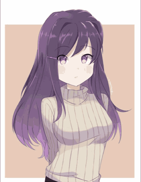 a girl with purple hair and purple eyes is wearing a sweater