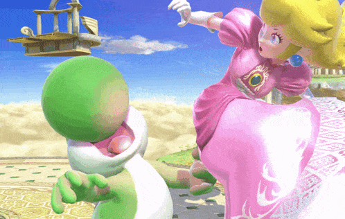 a princess peach is kicking a green yoshi in the face