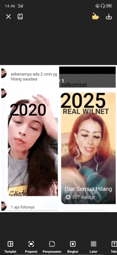 a phone screen shows a picture of a woman from 2020 and 2025