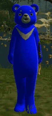 a blue teddy bear covering its eyes with its hands in a video game