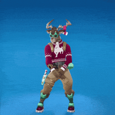 a reindeer is wearing a red sweater with a white reindeer on it