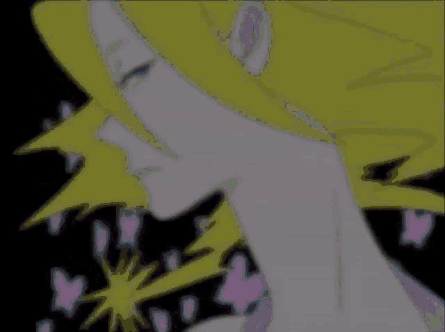 a cartoon drawing of a woman with yellow hair and pink butterflies