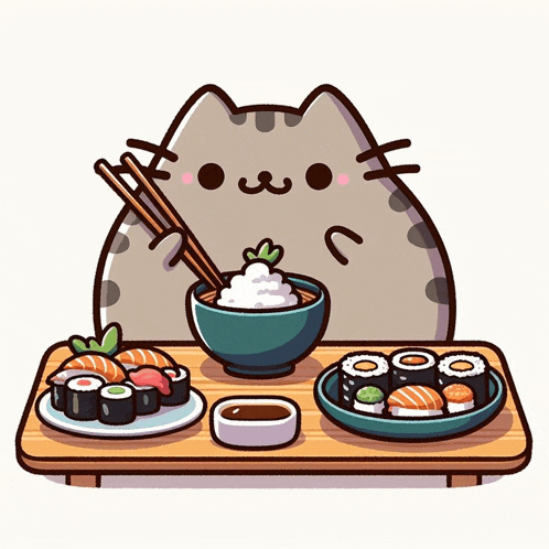 a cartoon cat is eating sushi with chopsticks from a bowl