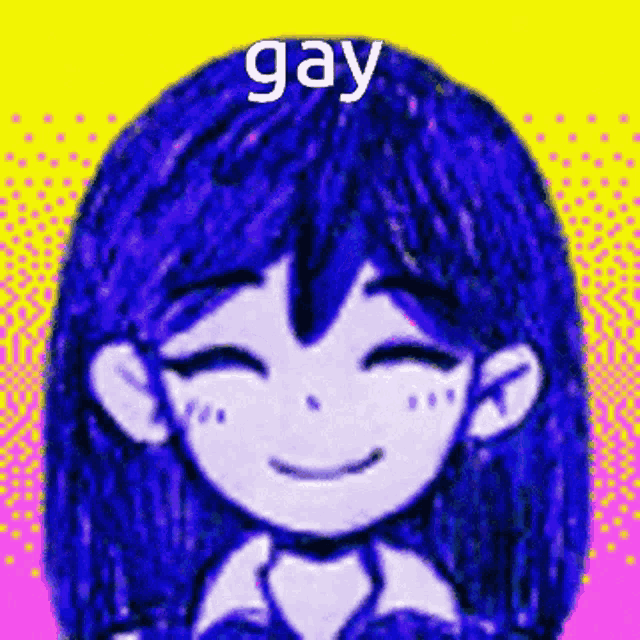 a drawing of a girl with blue hair and the words `` gay '' written above her .