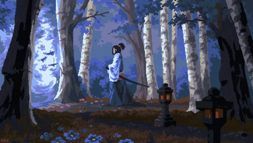 a pixel art of a samurai holding a sword in the woods