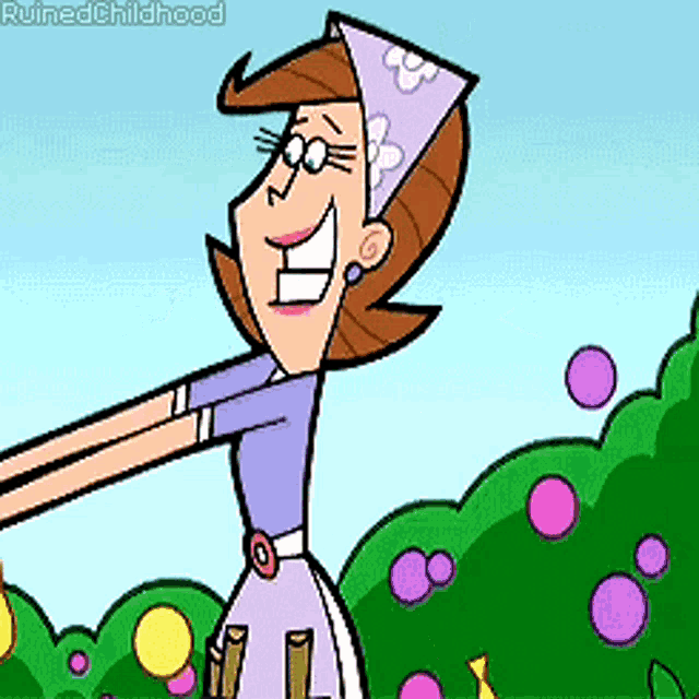 a cartoon of a woman with the words ruinedchildhood on the bottom
