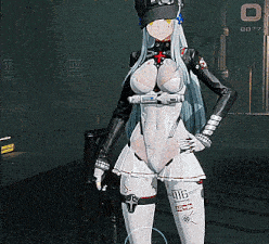 a woman in a futuristic outfit has the number u16 on her thighs
