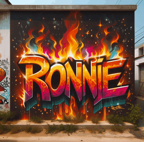 graffiti on a wall that says ronnie with flames around it