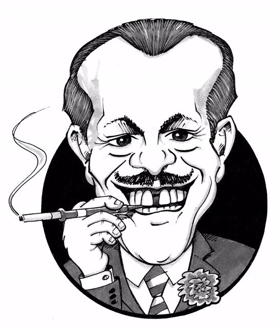a black and white drawing of a man with a mustache smoking a cigar