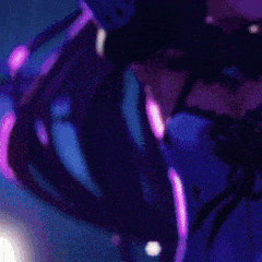 a woman with purple hair and a purple corset with a bow