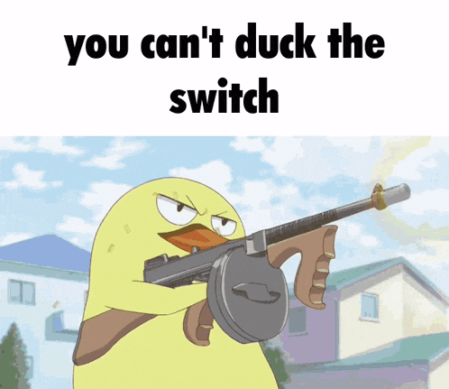 a cartoon of a duck holding a gun with the words " you can 't duck the switch " above it