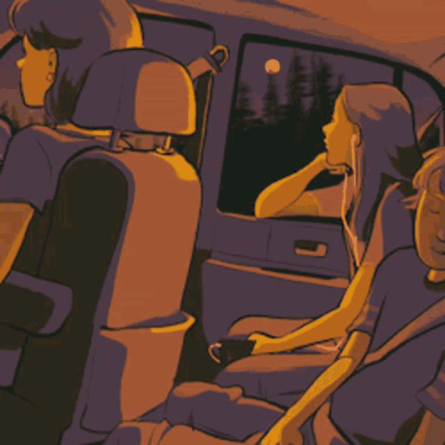 a group of people are sitting in the back seat of a car looking out the window