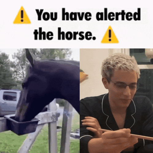 a picture of a horse next to a picture of a man eating