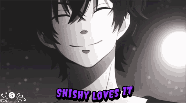 a black and white drawing of a boy with the words " shishy loves it " below him