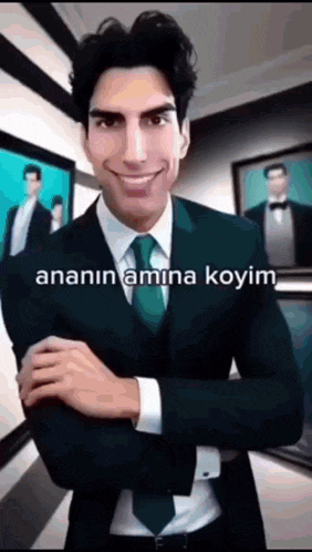 a man in a suit and tie is standing with his arms crossed in front of a mirror .