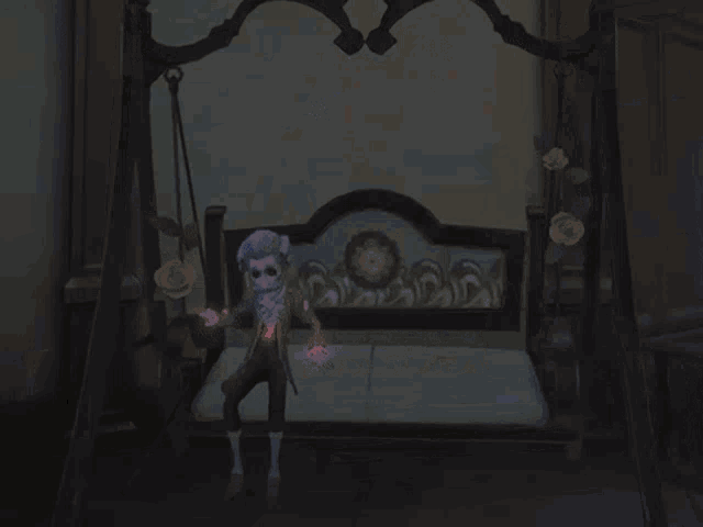 a dark room with a painting on the wall and a swing