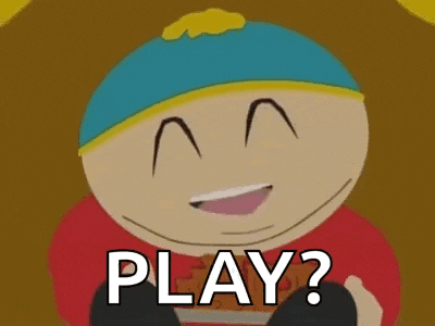 a cartoon character from south park is smiling and holding a pizza with the words `` play '' written on it .