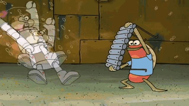 a cartoon character is playing a xylophone in front of a robot