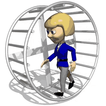 a woman in a blue jacket and gray pants is walking in a hamster wheel