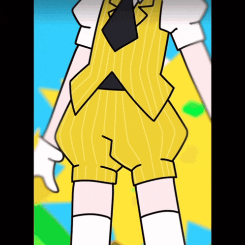 a cartoon character is wearing a yellow vest and shorts