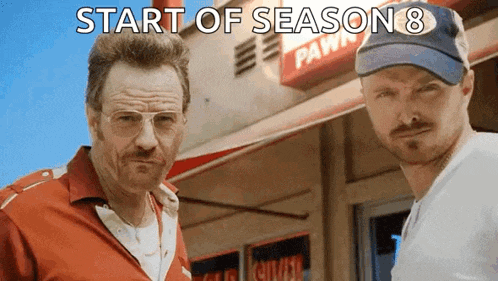 two men standing in front of a pawn shop with the words start of season 8 on the bottom