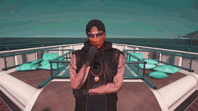 a man wearing a mask and a hat stands on a boat