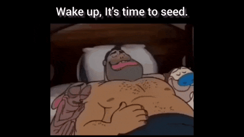 a cartoon man with a beard is laying in bed without a shirt on .