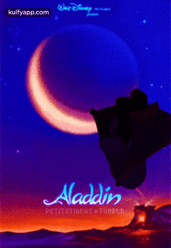 a poster for the movie aladdin with a crescent moon behind it