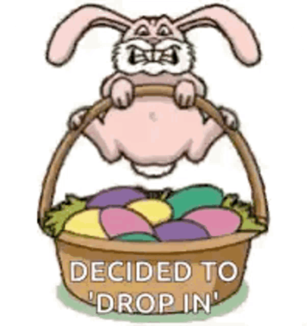 a cartoon easter bunny is jumping into a basket of eggs .