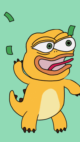 a cartoon frog with green eyes is surrounded by green bills