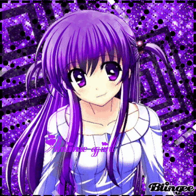 a girl with purple hair and purple eyes is wearing a white sweater .