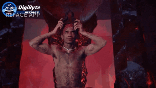 a man with wings and horns holds his head in a digibyte meme reface app ad