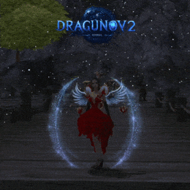 a woman in a red dress is standing in front of a dragonov2 logo